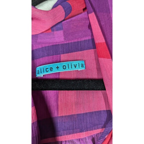 alice + olivia Women Top Size 4 Geo Block Neck Tie Tab Sleeve Semi Sheer Button - Picture 10 of 15